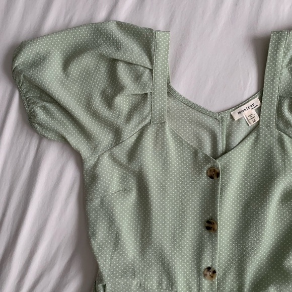 Women’s Mint Green Short Sleeved Jumpsuit w/ White Polka Dots - Picture 3 of 4